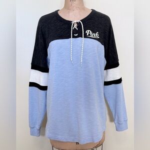 Victoria's Secret PINK Sweatshirt Women's L Blue Black Lace Up Neck Terry Logo